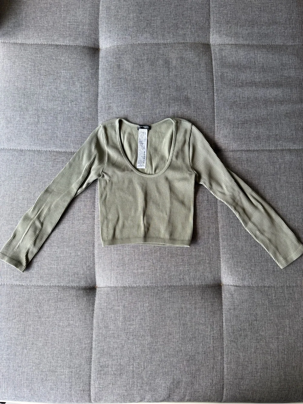 Zara Olive Ribbed Scoop-Neck Long Sleeve Crop Top